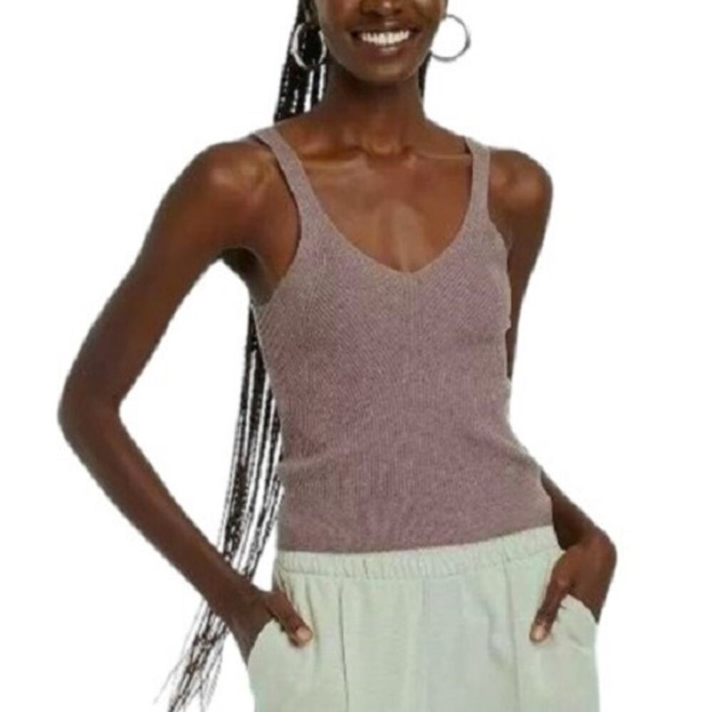A New Day Tank Top 1X Ribbed Knit Fine Gauge Sweater Tank Stretch V Neck Brown